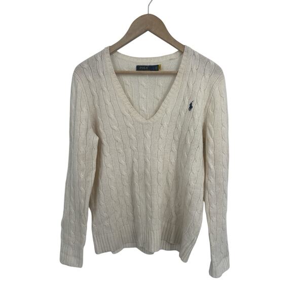 Polo Ralph Lauren Off White Cable Knit V-neck Sweater Women’s Large Preppy - Picture 1 of 4